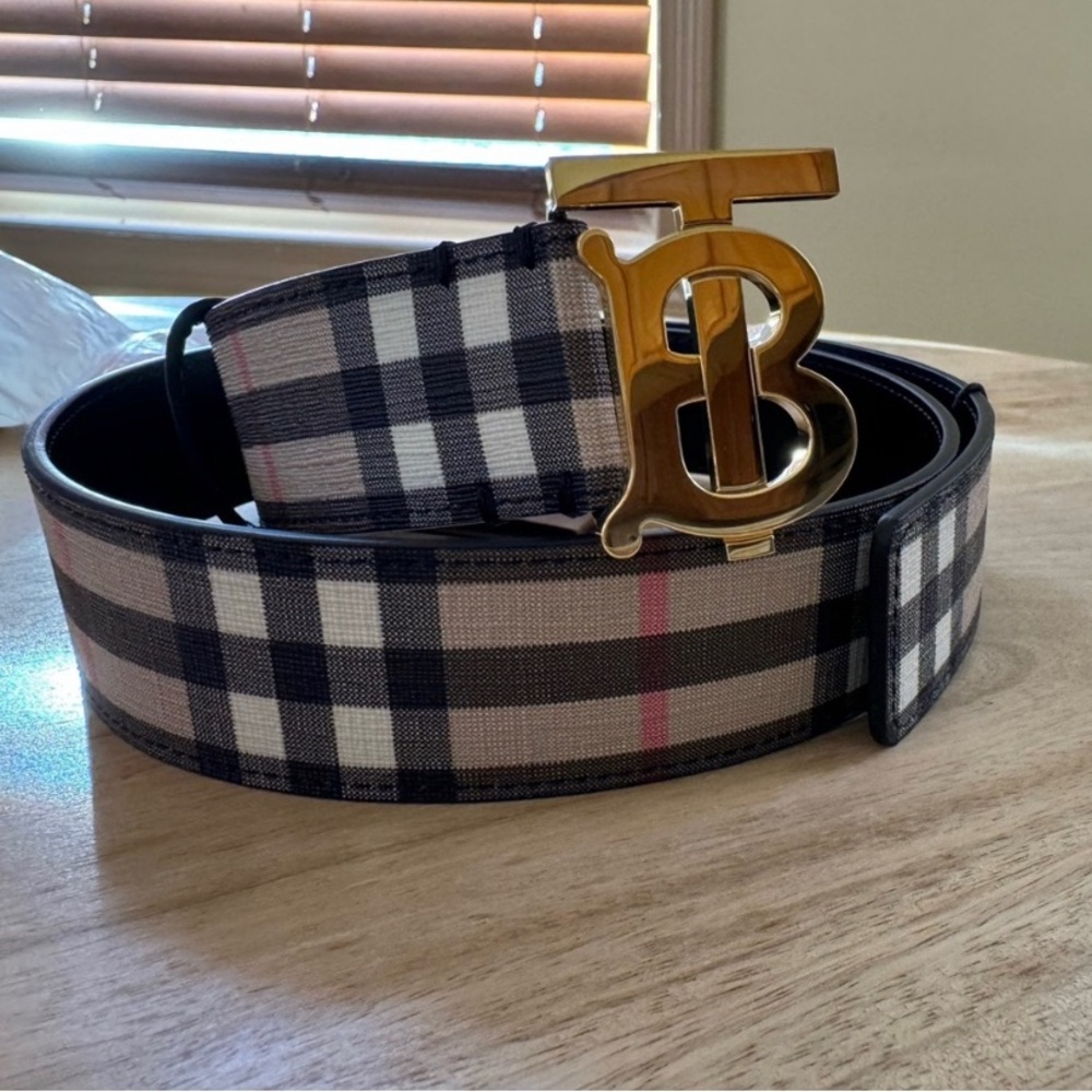 Burberry Black and Tan Plaid Belt with Gold Buckle